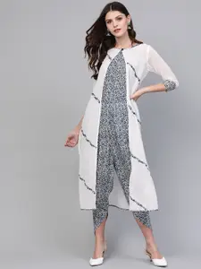 Pannkh Women White & Navy Blue Printed Basic Jumpsuit With Shrug