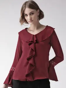 Style Quotient Women Maroon Solid Ruffled Top