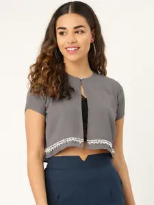 Style Quotient Women Grey Solid Crop Button Shrug