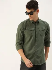 IVOC Men Olive Green Slim Fit Solid Casual Shirt