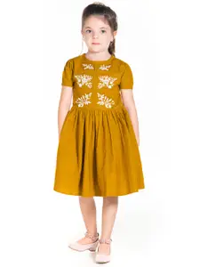 Cherry Crumble Girls Mustard Brown Solid Fit & Flare Dress