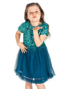 Cherry Crumble Girls Teal Green Sequinned Fit & Flare Dress