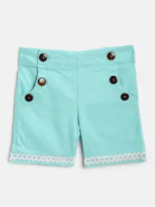 Cherry Crumble Girls Turquoise Blue Solid Regular Fit Shorts