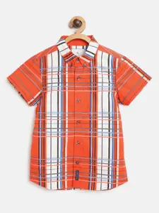 Cherry Crumble Boys Coral Orange & White Regular Fit Checked Casual Shirt