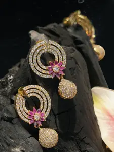 FIROZA Gold-Toned & Magenta Stone-Studded Contemporary Drop Earrings