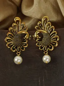 FIROZA German Silver Antique Gold-Toned & Off-White Peacock Shaped Textured Drop Earrings
