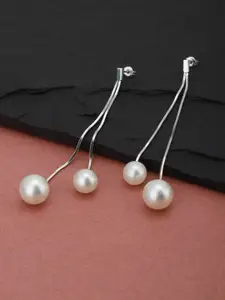 Carlton London Rhodium-Plated Silver-Toned & White Contemporary Drop Earrings