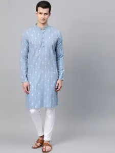 See Designs Men Blue & White Printed Straight Kurta