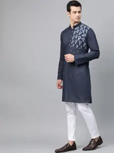 See Designs Men Navy Blue Embroidered Detail Straight Kurta