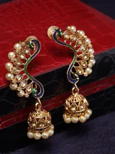 PANASH Gold-Plated & White Meenakari Peacock Shaped Drop Earrings