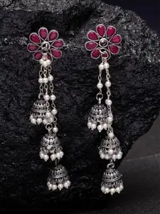 PANASH Silver_Plated & Maroon Contemporary Drop Earrings