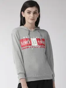 plusS Women Grey Melange & Red Printed Hooded Sweatshirt
