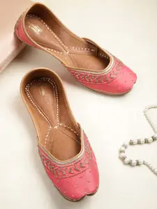 Anouk Women Pink & Gold-Toned Beads & Stones Embellished Mojaris