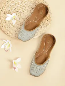 Anouk Women Grey & Off-White Embellished Mojaris