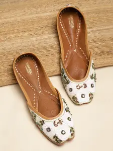 Anouk Women Off-White & Blue Embellished Mojaris with Iridescent Effect