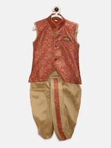 Ridokidz Boys Rust Red & Gold-Coloured Woven Design Kurta with Dhoti Pants