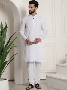 SOJANYA Men White Woven Design Kurta with Churidar