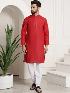 SOJANYA Men Red & White Woven Design Kurta with Churidar