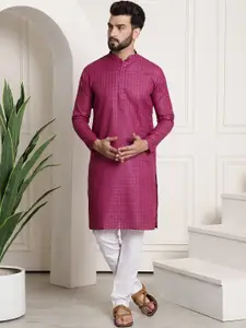 SOJANYA Men Magenta & White Woven Design Kurta with Churidar