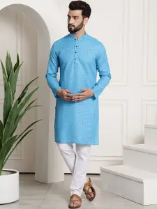 SOJANYA Men Blue & White Woven Design Kurta with Churidar