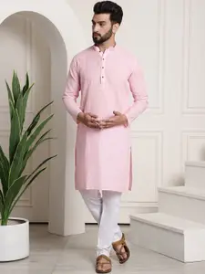 SOJANYA Men Pink & White Woven Design Kurta with Churidar