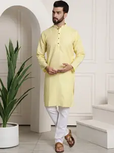 SOJANYA Men Yellow & White Woven Design Kurta with Churidar