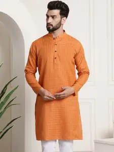 SOJANYA Men Orange Checked Straight Kurta