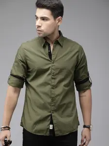 Roadster Men Olive Green Regular Fit Solid Sustainable Casual Shirt