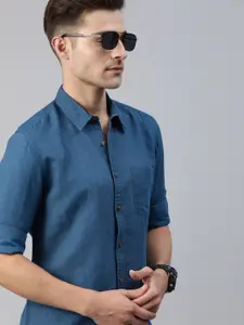 Roadster Men Blue Regular Fit Solid Cotton Linen Casual Shirt
