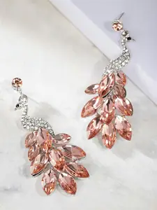 YouBella Peach-Coloured & Silver-Toned Stone-Studded Peacock-Shaped Drop Earrings