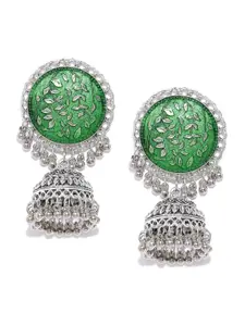 YouBella Oxidised Green Silver-Plated Enamelled Dome Shaped Jhumkas