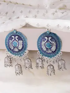 YouBella Blue Silver-Plated Dome Shaped Enamelled Jhumkas