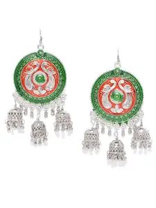 YouBella Oxidised Red & Green Silver Plated Beaded Enamelled Circular Jhumkas