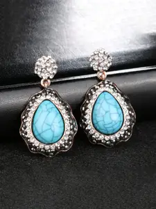 YouBella Blue & Gold Toned Silver Plated Teardrop Shaped Drop Earrings