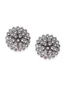 YouBella Oxidised Gunmetal-Toned Silver Plated Stone Studded Floral Studs