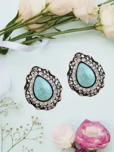 YouBella Blue & Gold Toned Silver Plated Stone Studded Teardrop Shaped Studs