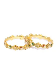 YouBella Set of 2 Red & Green Gold-Plated Stone-Studded Floral Bangles
