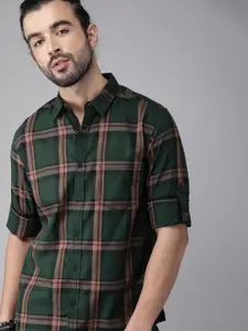 Roadster Men Green & Brown Regular Fit Checked Sustainable Casual Shirt