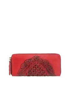 Hidesign Women Red Self Design Leather Zip Around Wallet