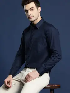 Hancock Men Navy Blue Premium Slim Fit Wrinkle Free Solid Formal Shirt