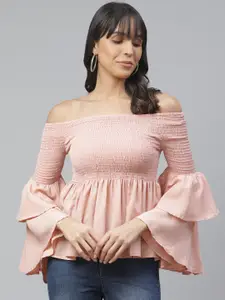 ATRAENTA Women Pink Solid Smocked Bardot Top