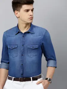 Indian Terrain Men Blue Chiseled Fit Faded Chambray Formal Shirt