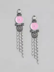 justpeachy Silver-Toned & Pink Contemporary Drop Earrings