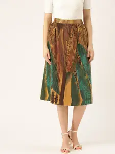 WISSTLER Women Mustard Brown & Green Accordion Pleated Printed A-Line Skirt