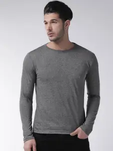 CHKOKKO Men Charcoal Grey Solid Round Neck T-shirt