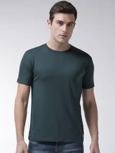 CHKOKKO Men Teal Blue Solid Round Neck T-shirt