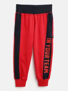PROTEENS Boys Red & Navy Blue Colourblocked Joggers with Printed Detail