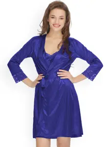 Clovia Women Blue Solid Nightdress with Robe