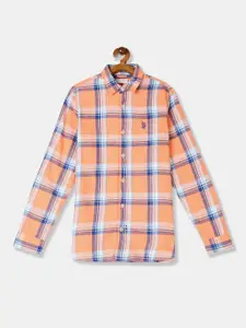 U.S. Polo Assn. Kids Boys Orange & Blue Regular Fit Checked Casual Shirt