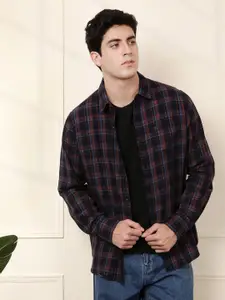 WROGN Men Navy Blue & Red Slim Fit Checked Casual Shirt